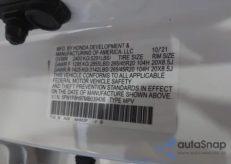 2021 Honda Passport Awd Touring из США, поврежденный, VIN 5FNYF8H97MB039436